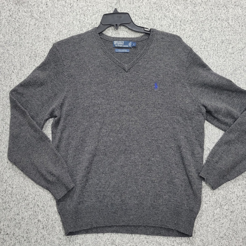 Polo Ralph Lauren Men V-Neck Sweater Gray FLAW 100% Lambswool L Blue Pony Logo